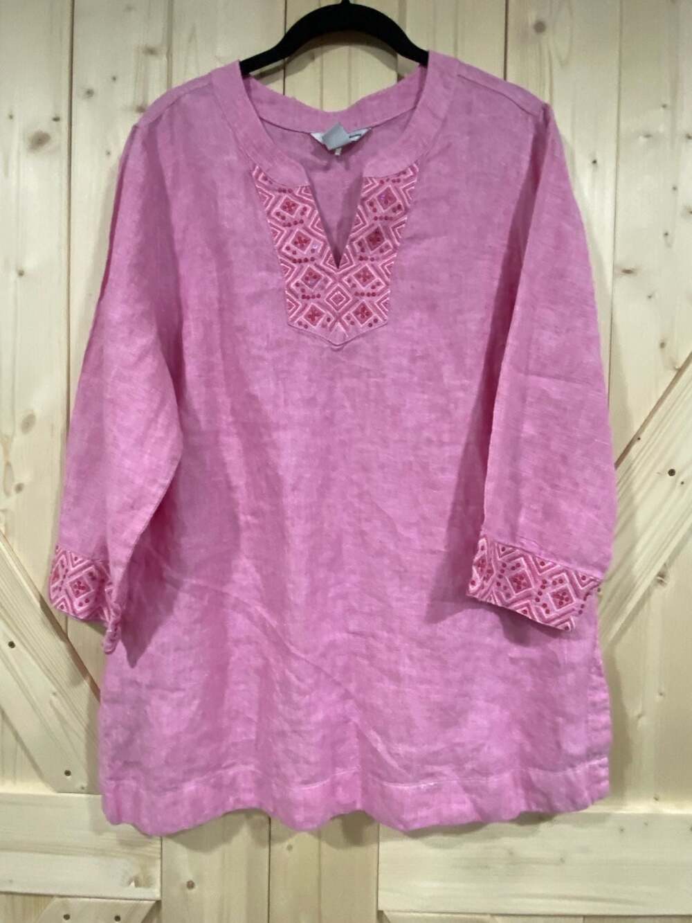 Tommy Bahama Pink Linen Embellished V-Neck 3/4 Sleeve Tunic Top